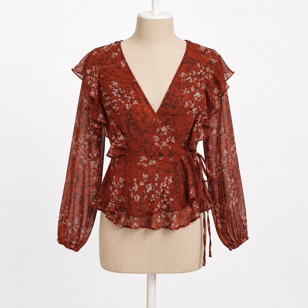 Floral Ruffle Wrap Top Sz M Red Long Sleeve Forest Fairy Grunge Granola Festival